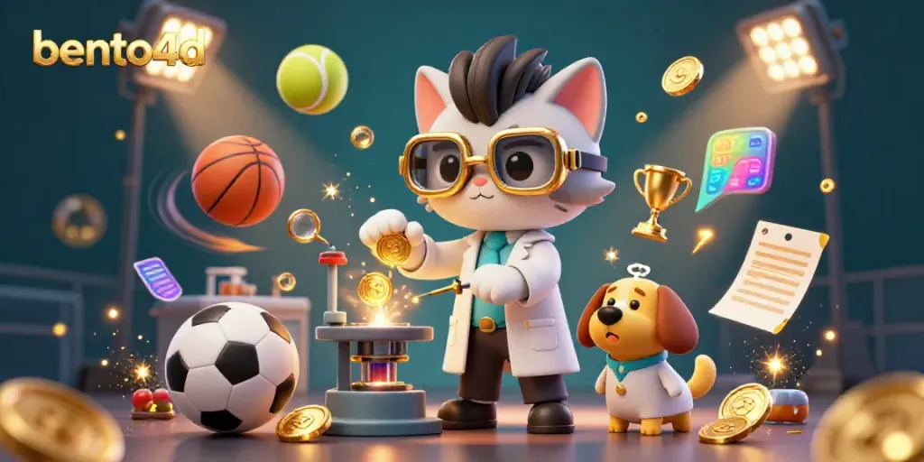 Bento4d's thrilling gameplay comes to life in a vibrant 3D scene with sports elements and golden coins.