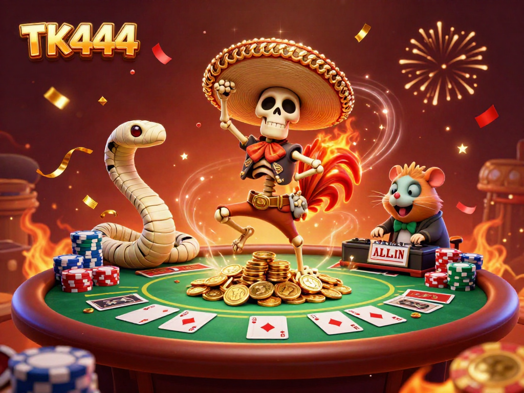Experience the vibrant gaming excitement of TK444 with a dancing mariachi rooster on golden coins.