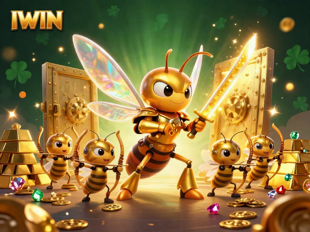 IWIN online casino showcases vibrant gaming scene with treasure, hornet, and archer characters.