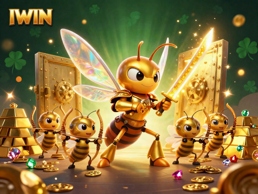 IWIN online casino showcases vibrant gaming scene with treasure, hornet, and archer characters.