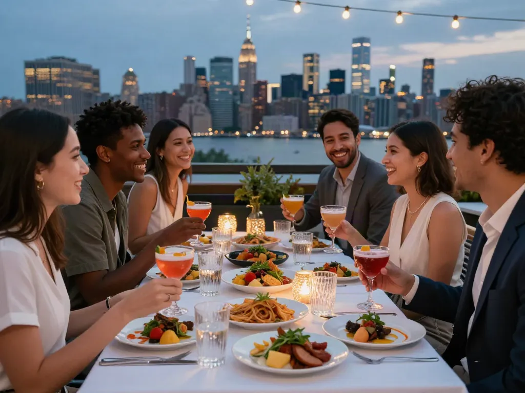 Friends enjoying gourmet dishes and cocktails at NoHu Rooftop with NYC skyline views.
