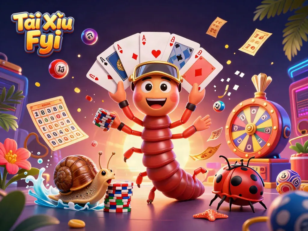 Tài Xỉu Fyi cartoon scene of a millipede dealer and high-roller snail amidst dynamic gambling elements