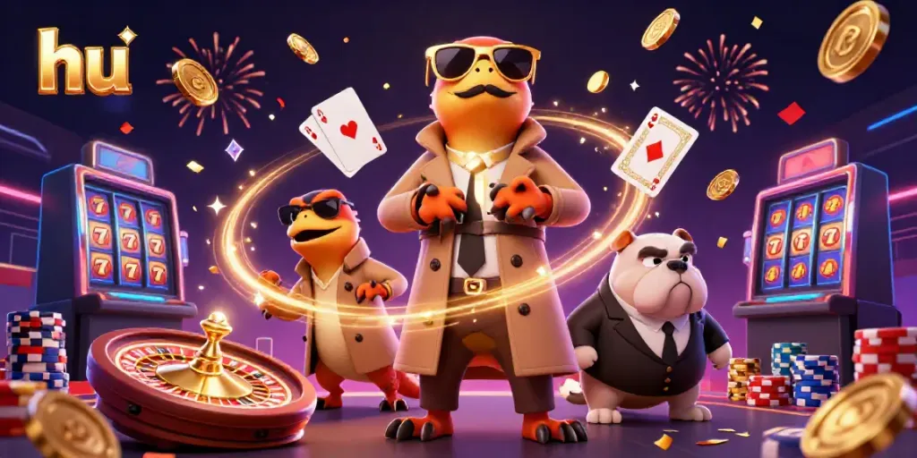 Experience excitement at hu casino with raptors in trench coat attempting VIP entrance.