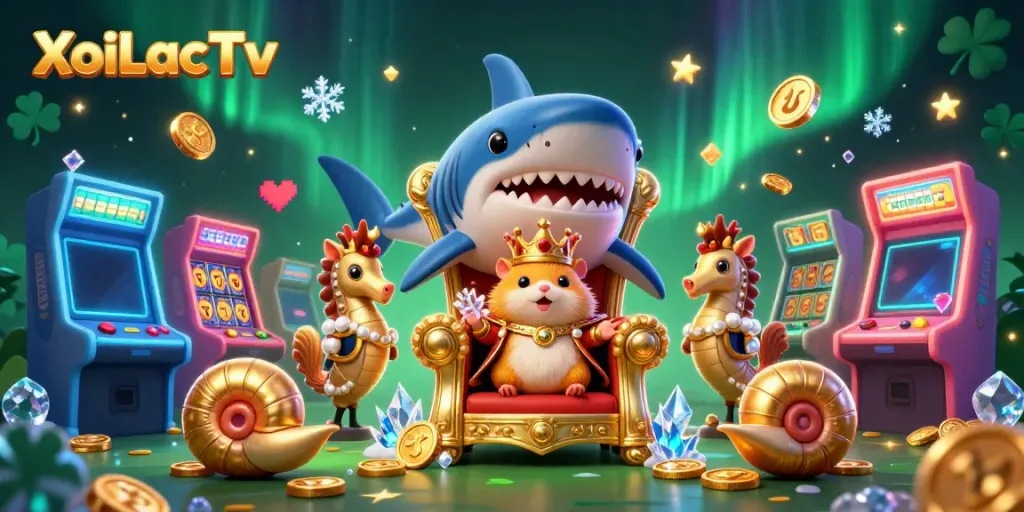 XoiLacTv captures an exciting golden hamster king on a shark throne among vibrant slot machines.