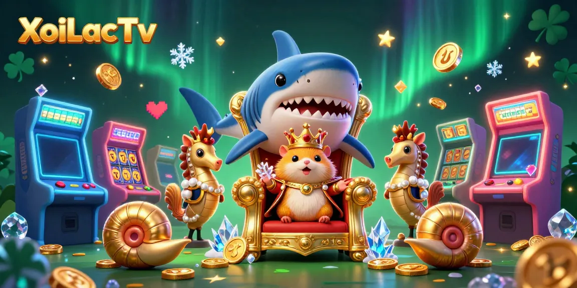 XoiLacTv captures an exciting golden hamster king on a shark throne among vibrant slot machines.