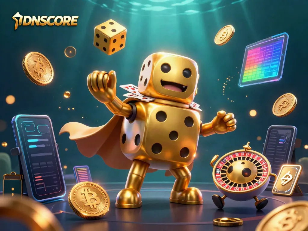 Engage with IDNSCORE's vibrant casino world, featuring lively golden dice and crypto coins.