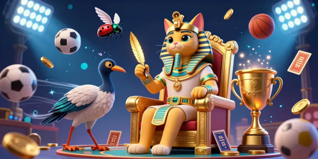 Exciting 789p casino scene featuring a pharaoh cat and ibis scribe surrounded by flying sports balls and glowing trophy.
