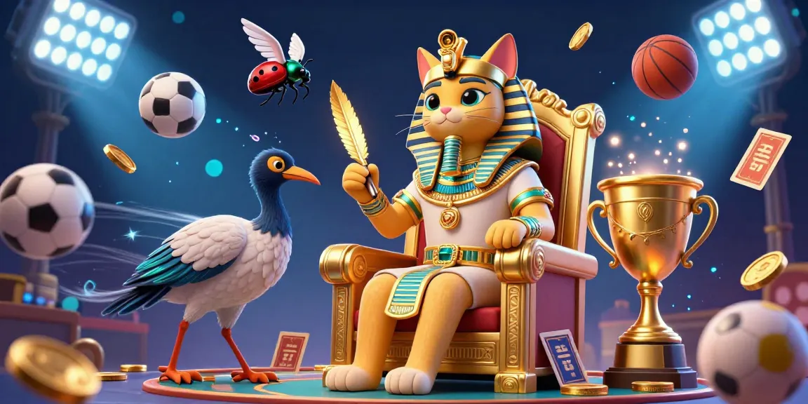 Exciting 789p casino scene featuring a pharaoh cat and ibis scribe surrounded by flying sports balls and glowing trophy.