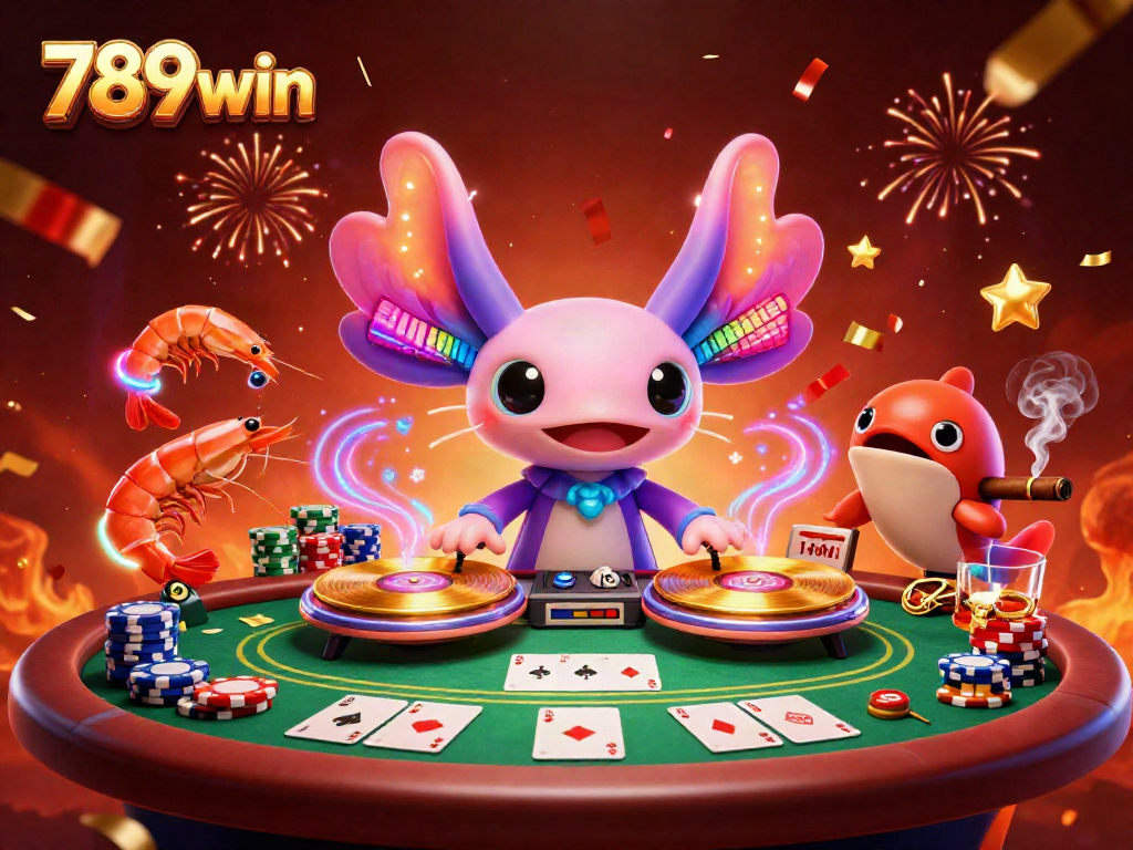 Experience 789win excitement with vibrant casino characters celebrating and playing poker.