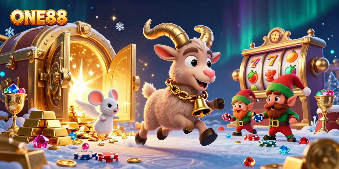Experience casino thrills at ONE88 with a festive holiday horror scene featuring Krampus and playful characters.