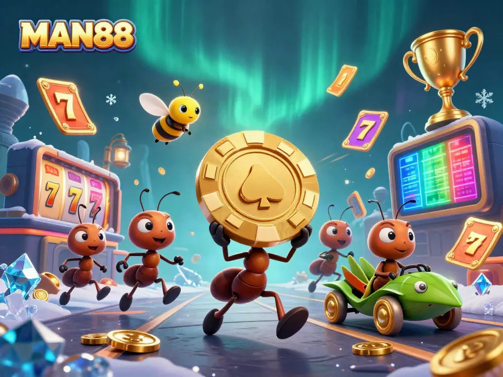 Engage with MAN88 as cartoon ants execute a thrilling casino heist with vibrant slot elements.