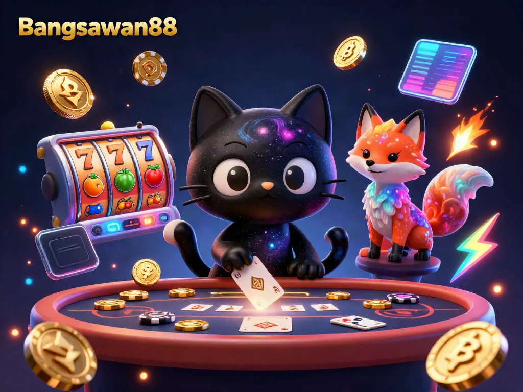 Play and win at Bangsawan88 featuring a cosmic casino scene with vibrant characters and gaming elements.