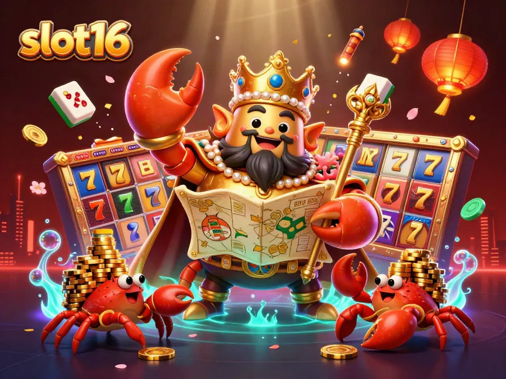 Experience vibrant slot16 gaming with a golden crab emperor surrounded by animated casino elements.
