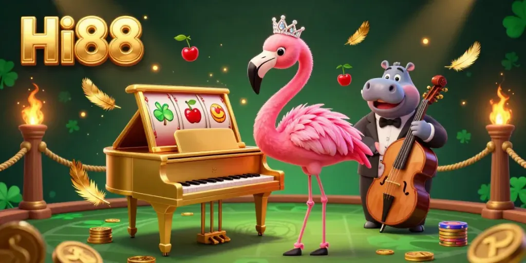 Engage in exciting gaming at Hi88 with a vibrant flamingo singer and hippo bassist surrounded by slot game elements.
