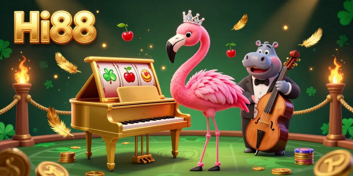 Engage in exciting gaming at Hi88 with a vibrant flamingo singer and hippo bassist surrounded by slot game elements.