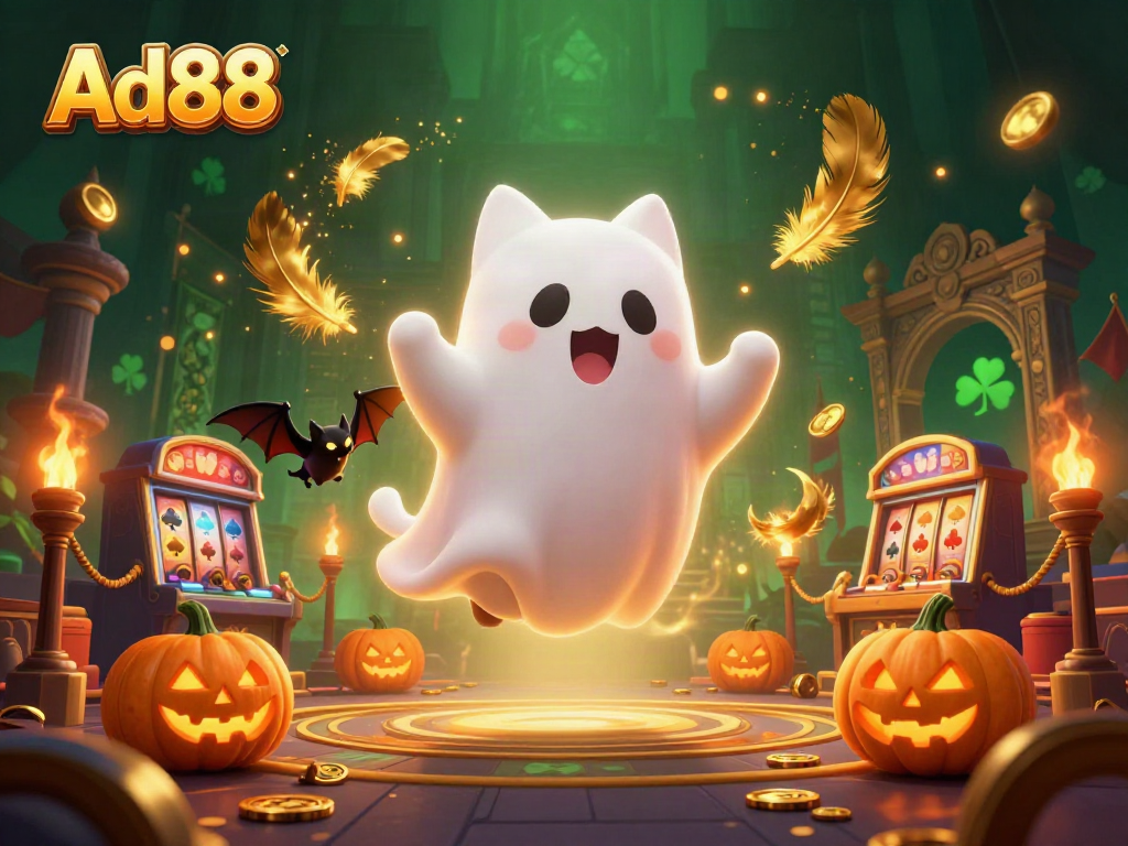 Engage with Ad88's vibrant haunted casino scene featuring a friendly ghost cat, vampire bat companion, and glowing jack-o-lanterns.