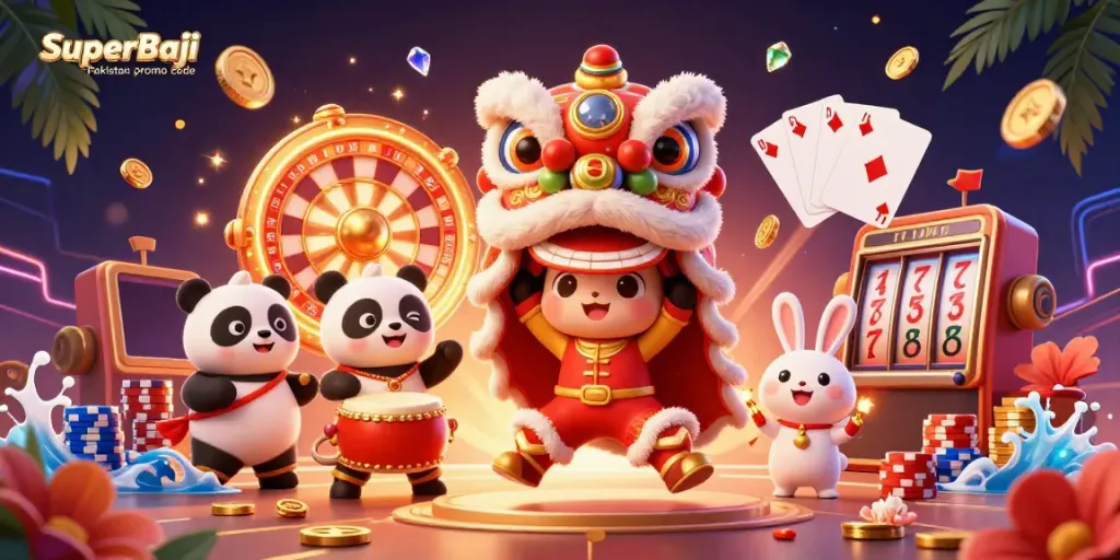 Experience thrilling rewards with SuperBaji Pakistan promo code, enjoying vibrant casino elements and characters.