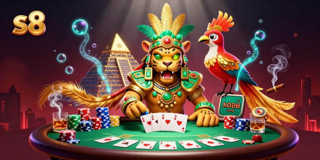 S8 invites players to a thrilling poker experience with a Mayan jaguar priest and quetzal bird amidst vibrant casino elements.