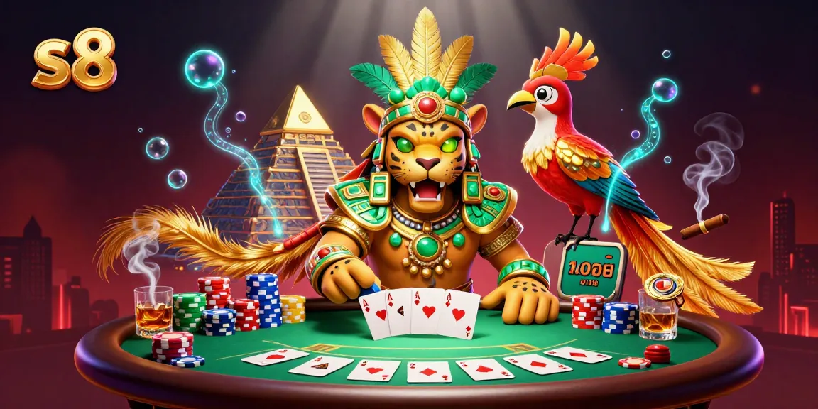 S8 invites players to a thrilling poker experience with a Mayan jaguar priest and quetzal bird amidst vibrant casino elements.