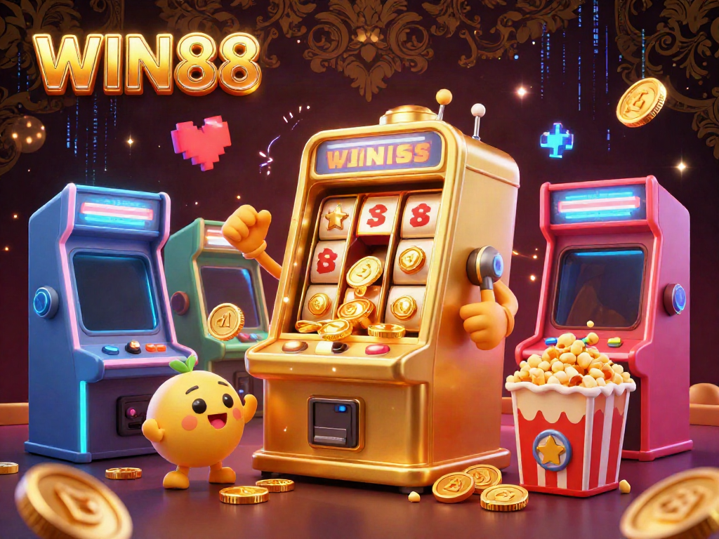 Win88 slot machine surprises with coins pouring out as baby machines cheer in this vibrant casino scene.