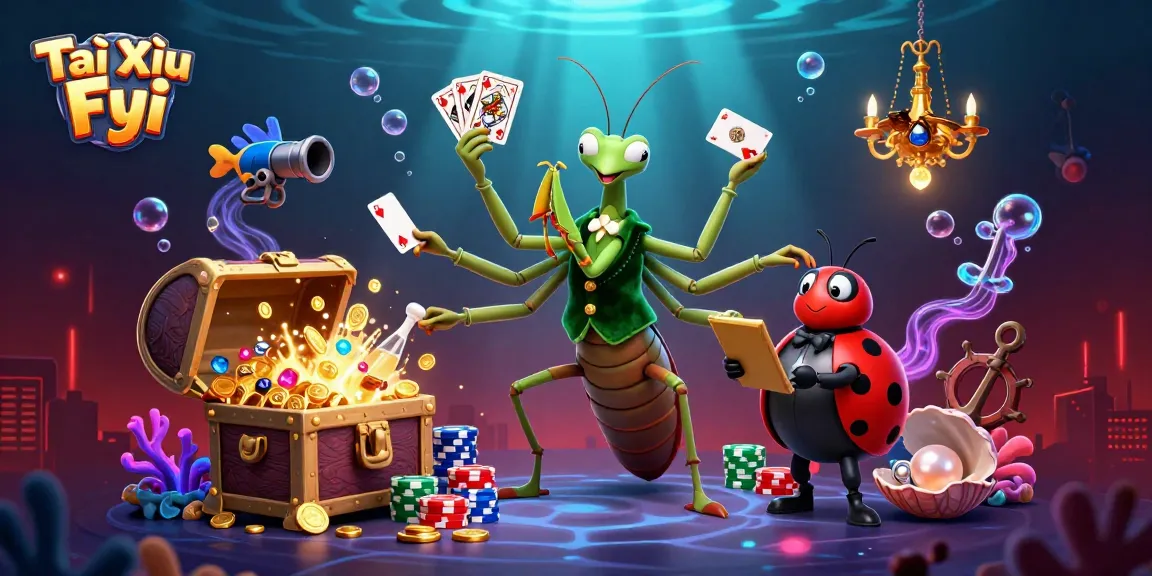 Tài Xỉu Fyi scene with a mantis dealer and ladybug pit boss, showcasing vibrant gaming elements.
