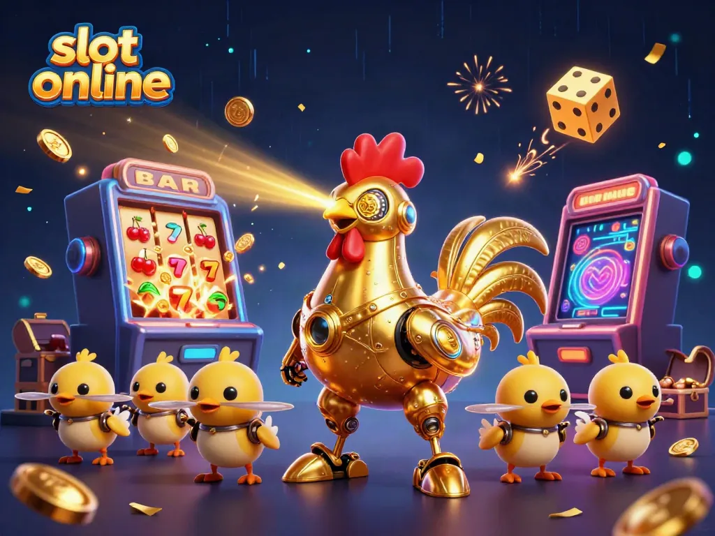 Engage with slot online adventures featuring a vibrant golden rooster robot and dynamic game elements.