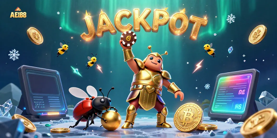 Win big with AE888, featuring a cartoon beetle celebrating a jackpot alongside crypto coins.