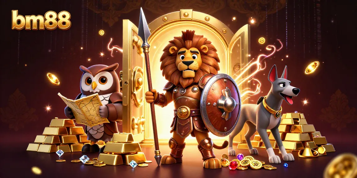 Experience the excitement of bm88 with a vibrant casino illustration featuring dynamic characters and treasures.