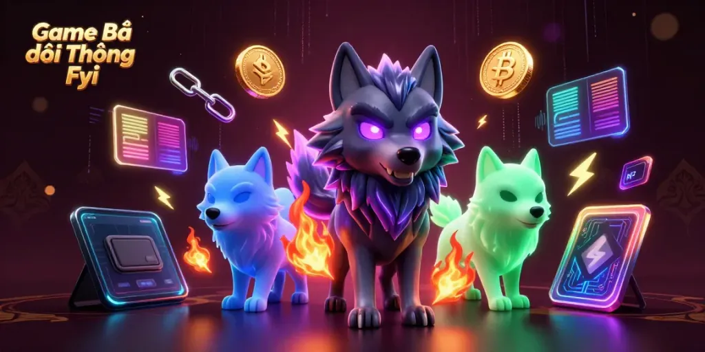 Experience Game Bài Đổi Thưởng Fyi with vibrant 3D wolves, crypto elements, and a dynamic casino scene.
