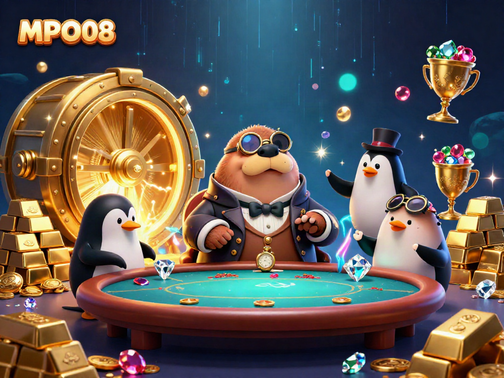 MPO08 presents a vibrant underwater poker scene with a walrus, penguin dealer, and pufferfish player surrounded by treasures.
