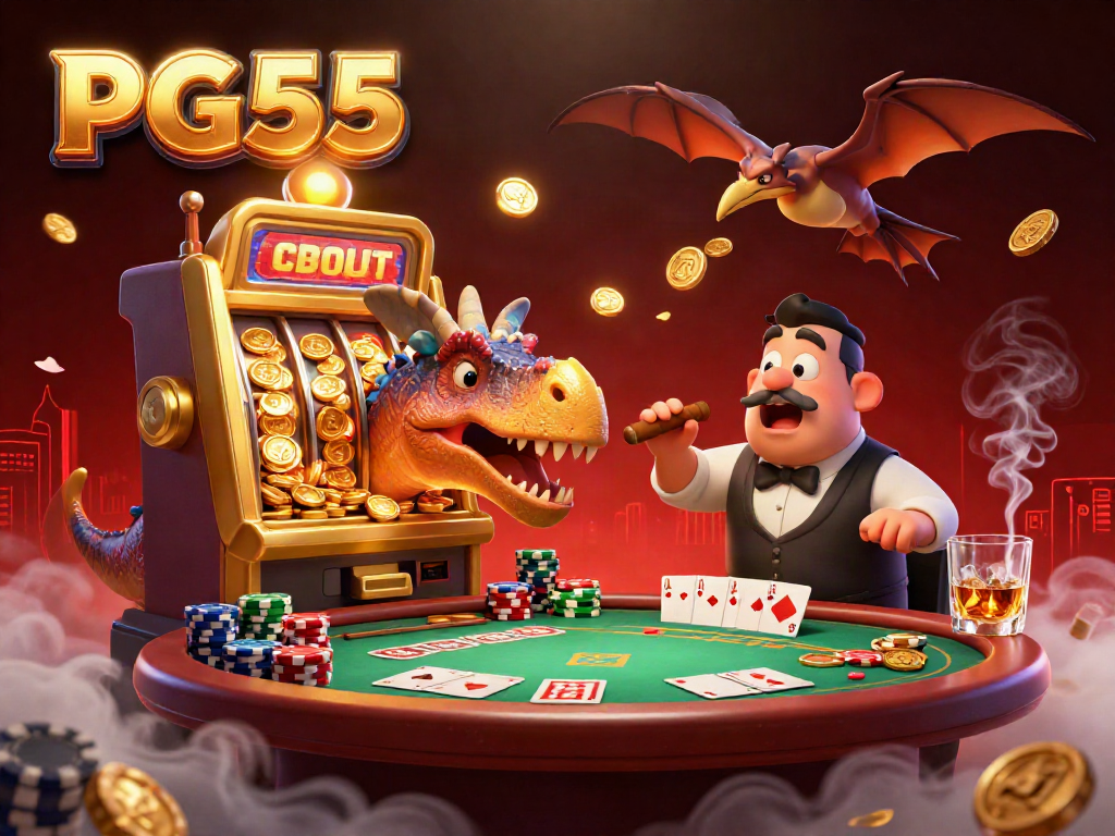 PG55 pachycephalosaurus winning a jackpot at a vibrant casino scene.