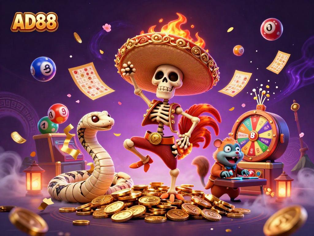 Engage with the thrilling spirit of AD88, featuring vibrant characters celebrating on a golden coin pile.