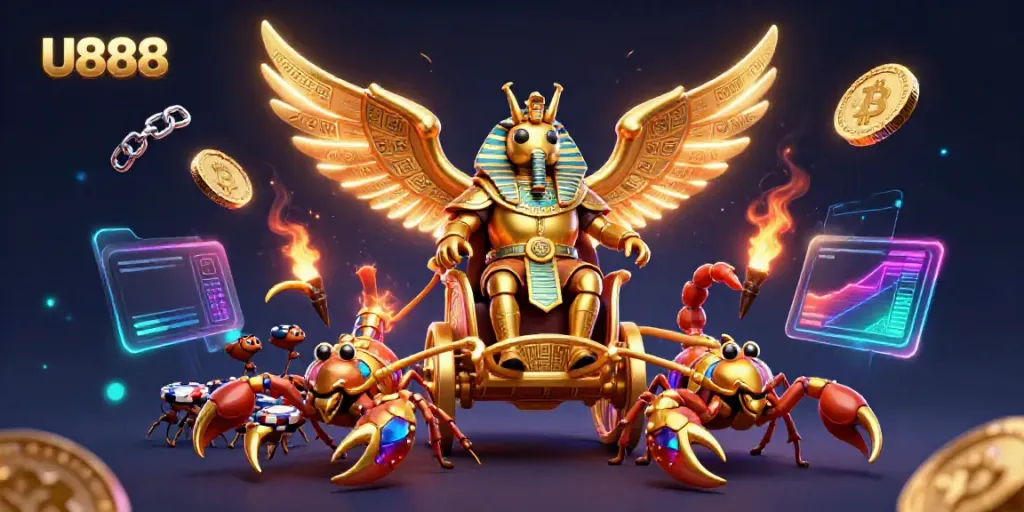 U888 showcases an exciting casino atmosphere with golden scarab characters amidst glittering coins and vibrant game elements.