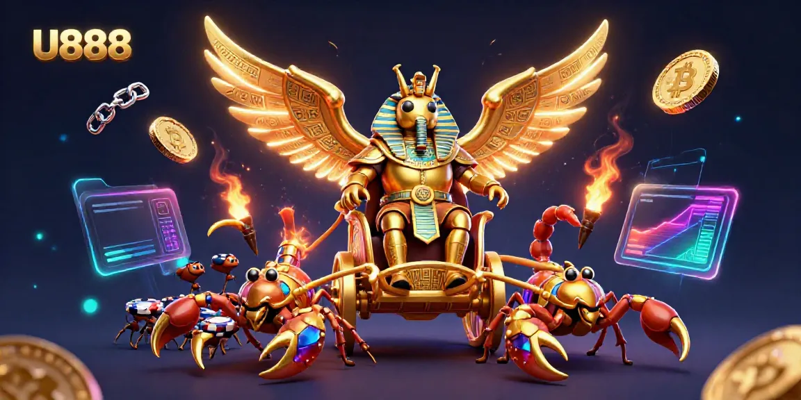 U888 showcases an exciting casino atmosphere with golden scarab characters amidst glittering coins and vibrant game elements.