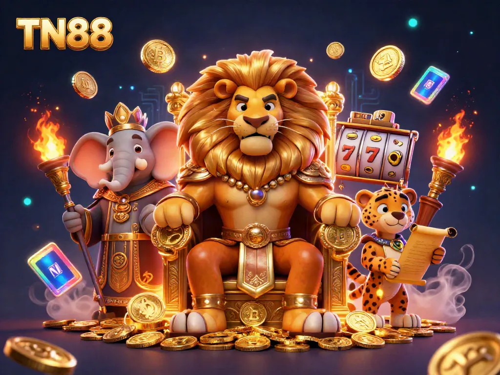 Experience the exciting world of TN88 as the lion king presides over a vibrant casino scene filled with gold coins and gaming action.