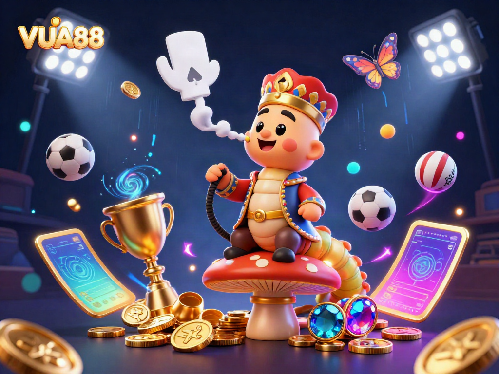 VUA88 showcases an imaginative scene with a caterpillar hookah master amid vibrant casino elements.