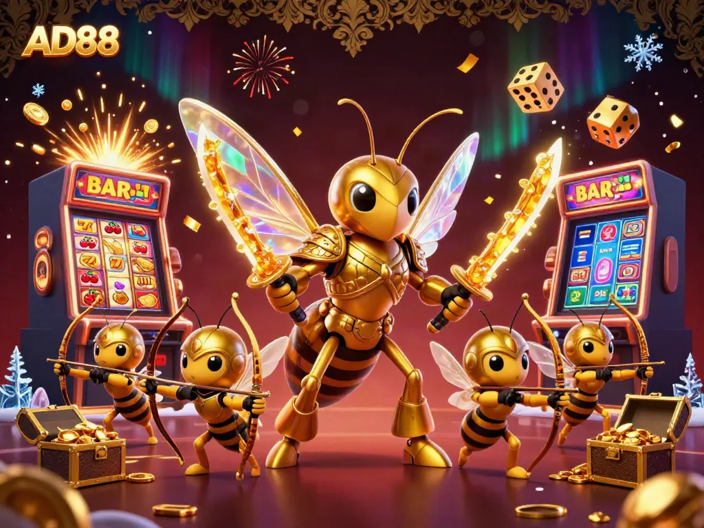 Engage in thrilling games with AD88's exciting casino atmosphere featuring a golden hornet warrior.