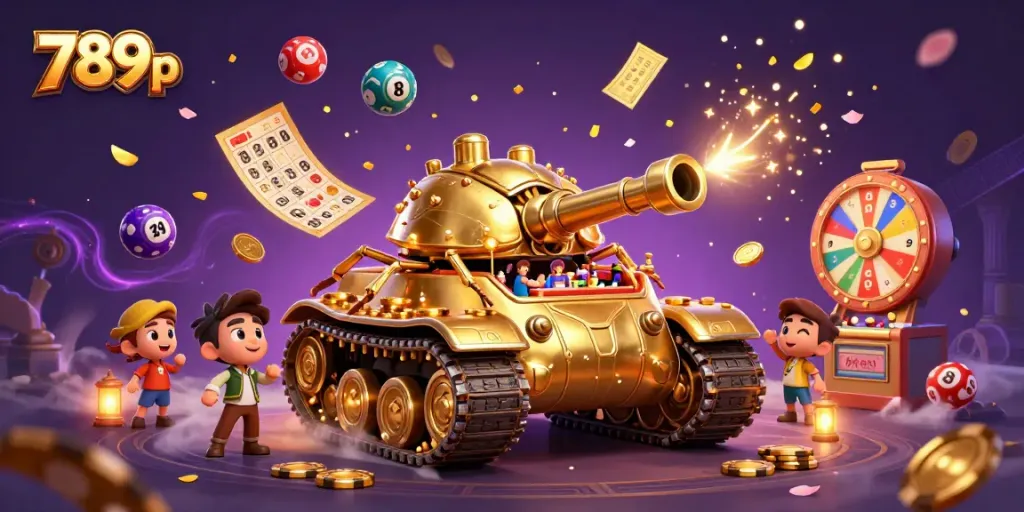 Experience thrilling 789p casino gameplay within a whimsical golden beetle tank bursting with colorful lottery elements.