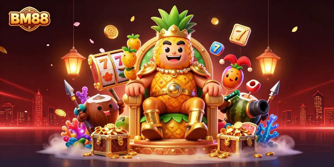 BM88 showcases a vibrant casino scene featuring a pineapple king, a watermelon cannon, and golden slot reels.