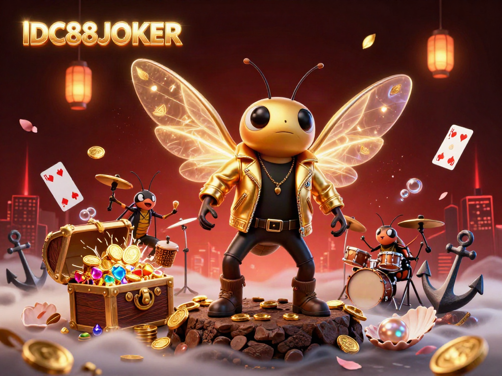 Experience the excitement of IDC88JOKER with vibrant visuals of gaming treasures and dynamic characters.