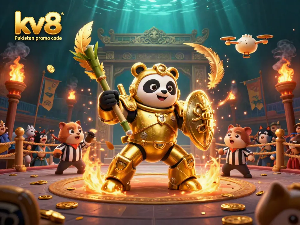 Engaging scene showcasing the kv8 Pakistan promo code with a mech-suit panda and lively golden tokens in action.