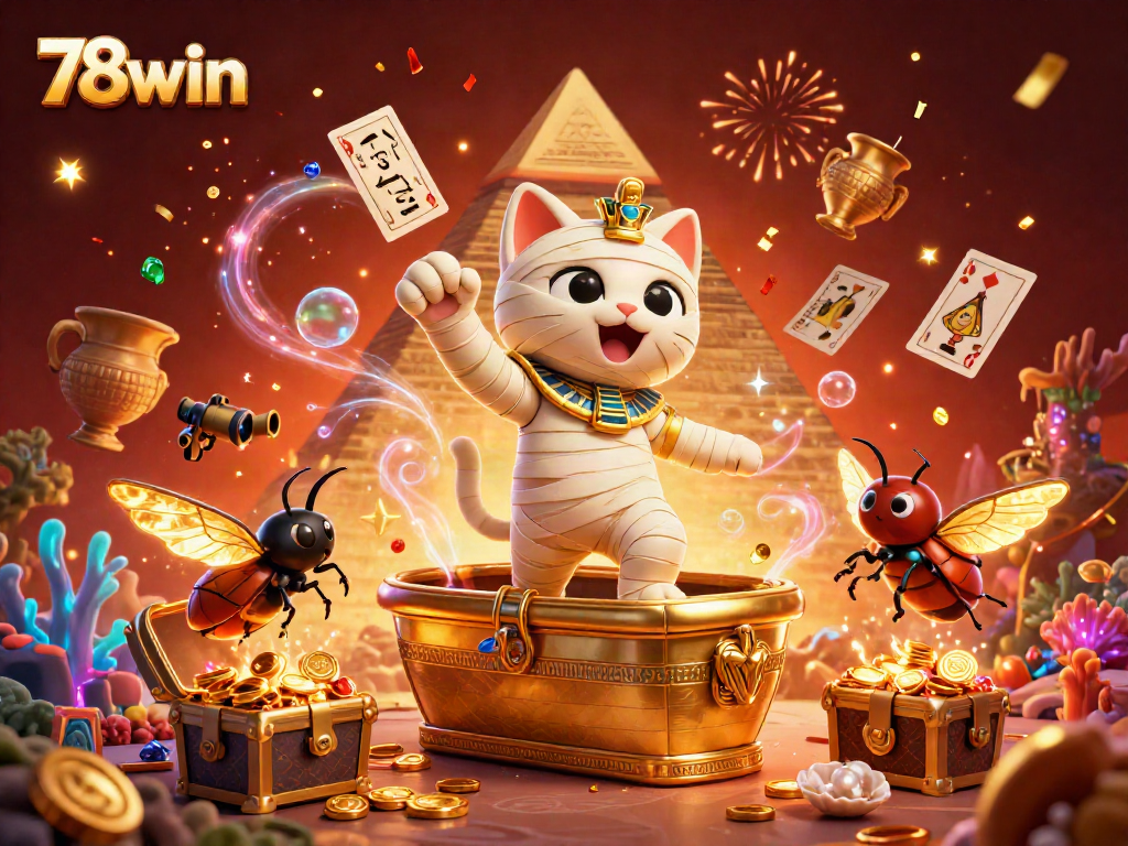 Immerse in the thrilling world of 78win, as a playful mummy cat and its companion celebrate a jackpot in a vibrant casino