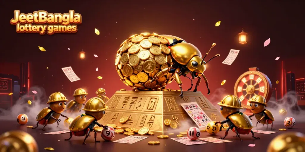 Engage with JeetBangla lottery games in a vibrant, detailed 3D scene featuring golden beetles and dazzling prizes.