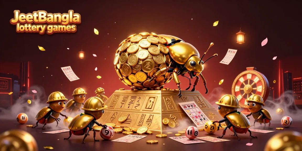 Engage with JeetBangla lottery games in a vibrant, detailed 3D scene featuring golden beetles and dazzling prizes.