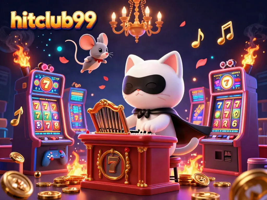 Experience the excitement of hitclub99 with a cartoon cat at a casino organ amidst vibrant game elements.