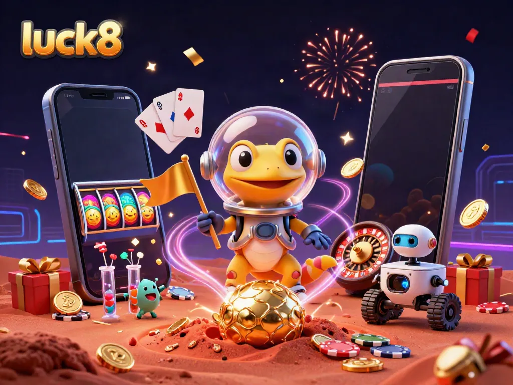 Luck8 gecko discovers a hidden golden casino with vibrant gaming elements in 3D.
