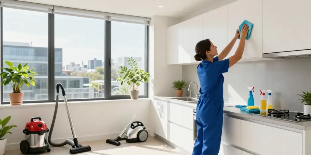 End of lease cleaning Melbourne: Professional cleaner thoroughly sanitizing a kitchen with natural light and tools.