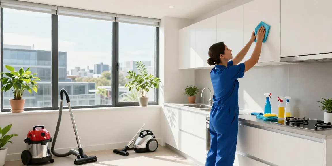 End of lease cleaning Melbourne: Professional cleaner thoroughly sanitizing a kitchen with natural light and tools.